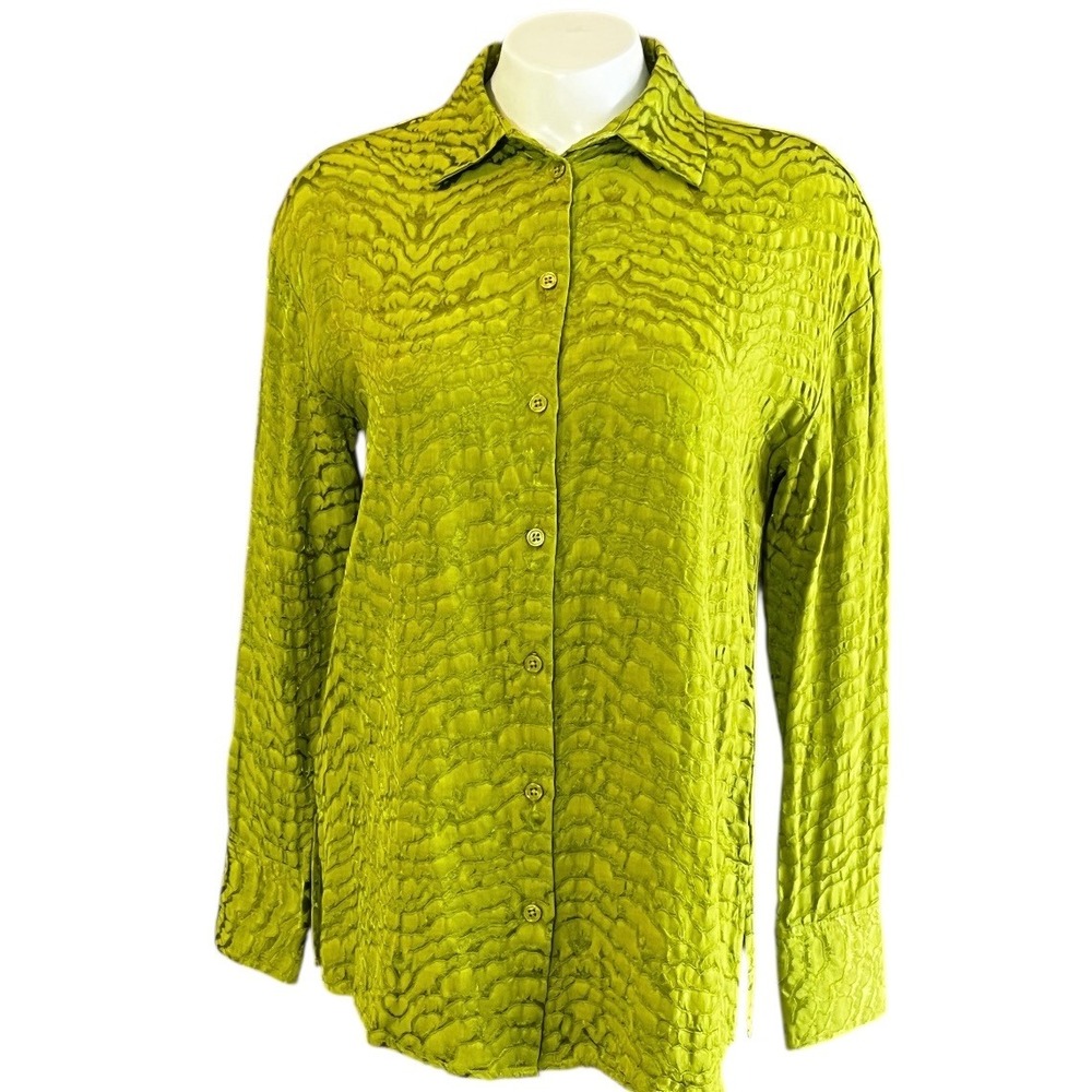 Rachel Zoe Textured‎ Animal Print Button Down Shirt Green XS
